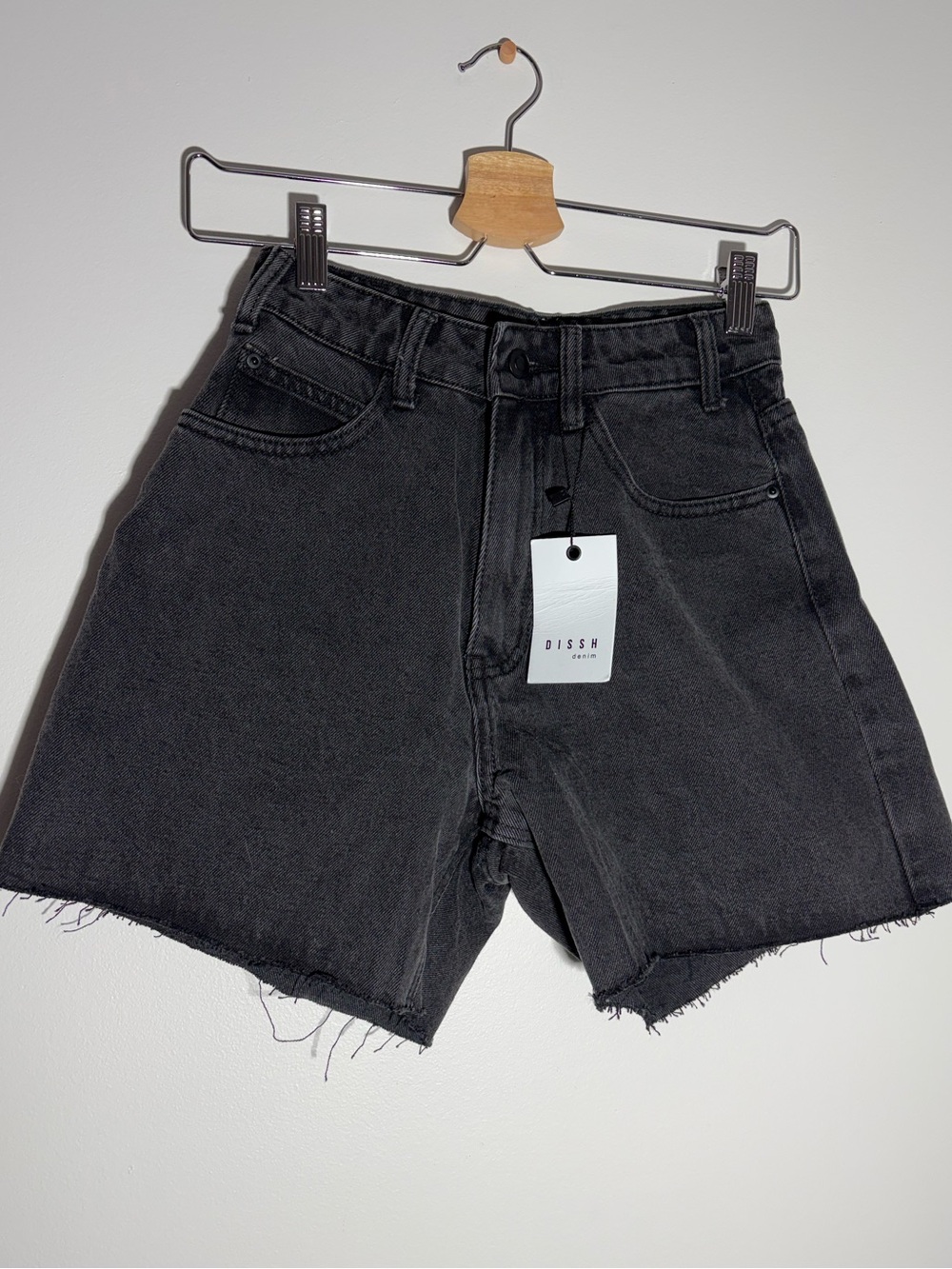 High Rise Washed Black Raw Hem Denim Shorts Festival Street Style NWT DISSH